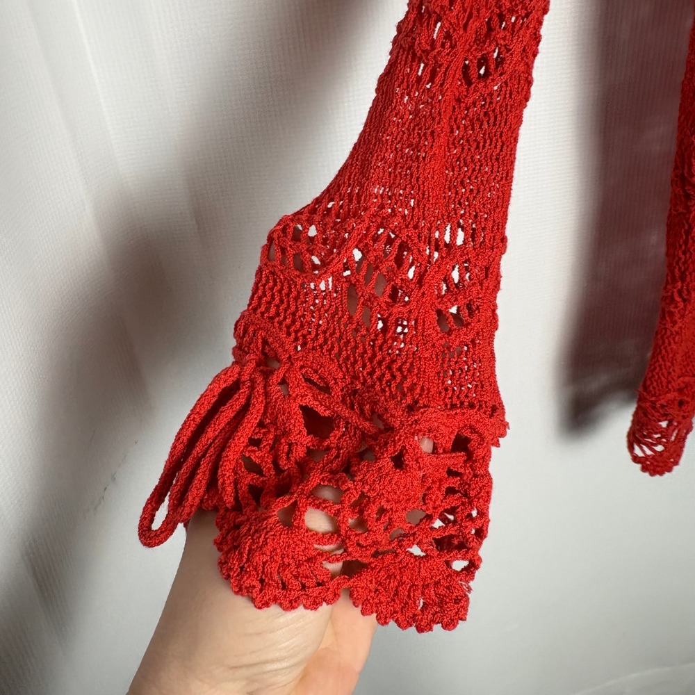 Coral Red Crochet L/S Boho Tunic Top Scalloped Hem Women Small Festival Renfair - Picture 2 of 9